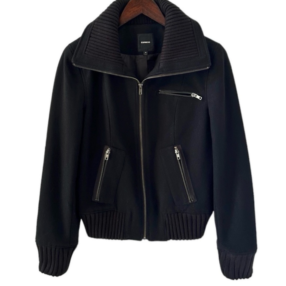 NEW Express Black Wide Collar Wool Blend Bomber Jacket Size Medium - Picture 6 of 11